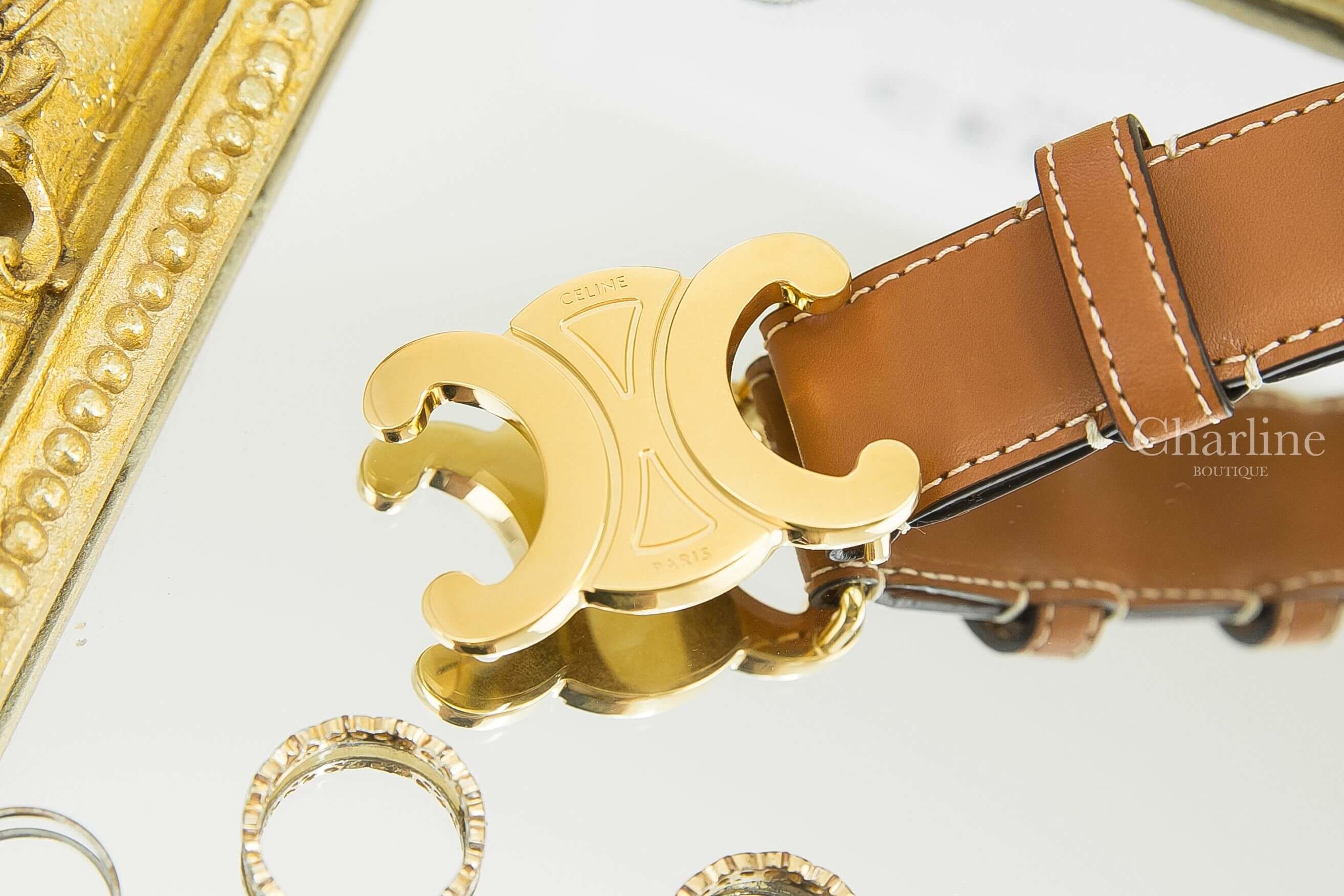 Celine Triomphe Belt In Natural Calfskin 棕褐色金色凱旋門2.5cm小牛皮皮帶