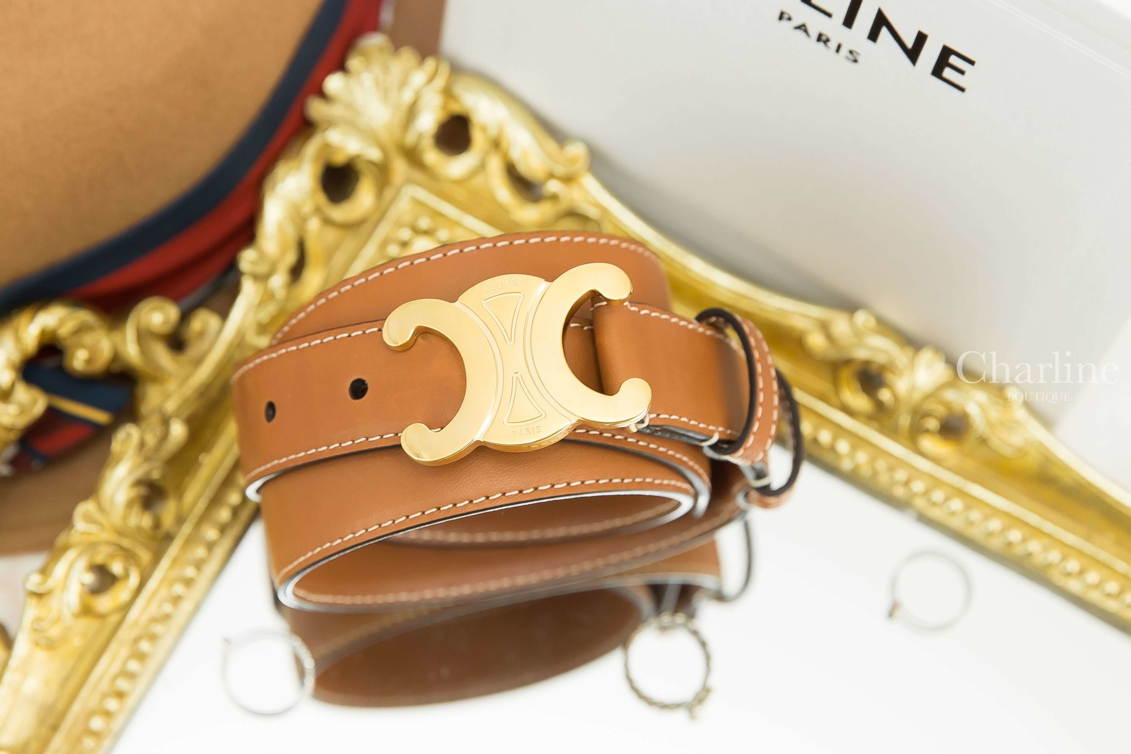 Celine Triomphe Belt In Natural Calfskin 棕褐色金色凱旋門2.5cm小牛皮皮帶