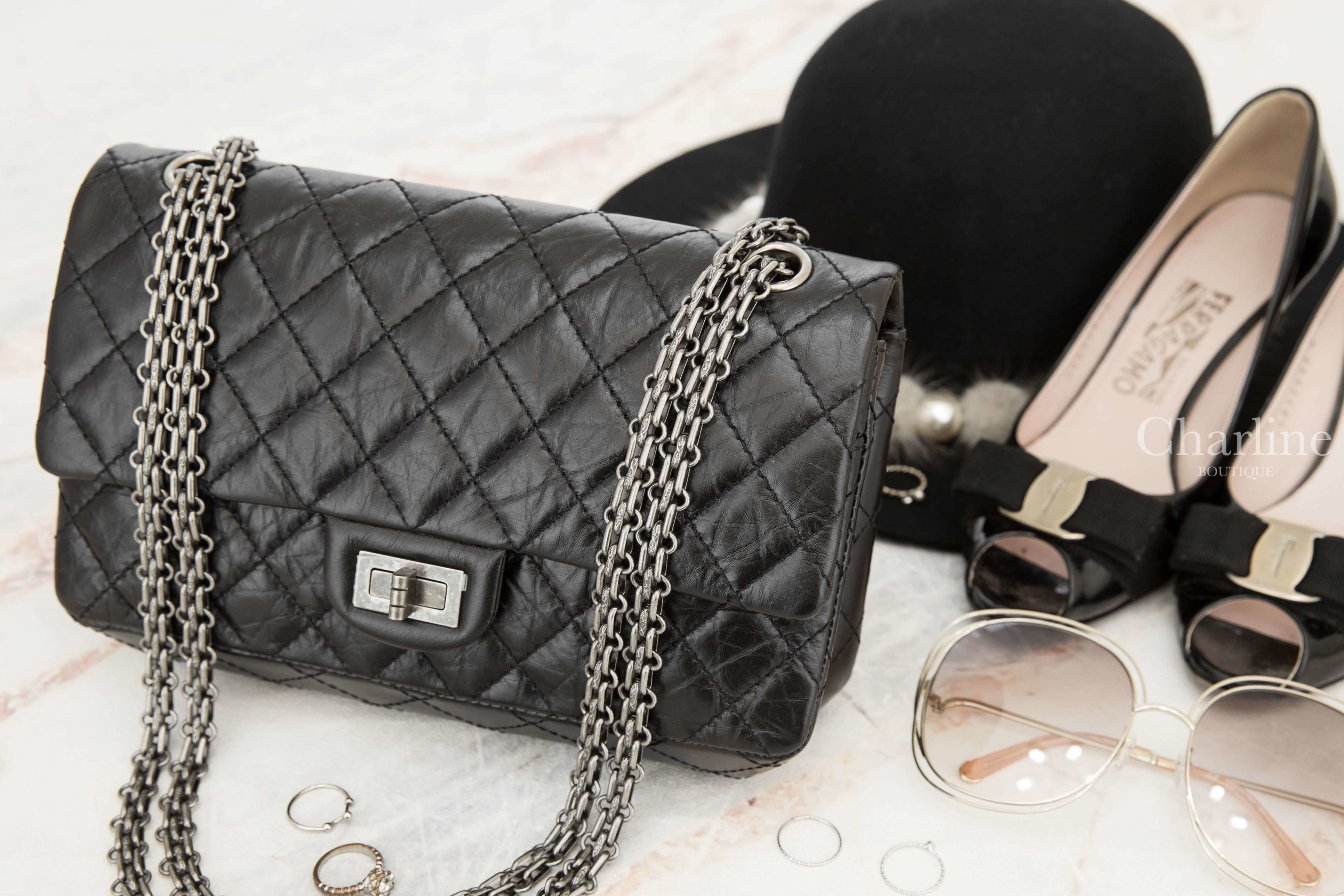 Chanel 2.55 Handbag 黑色銀釦仿舊銀鍊牛皮菱格紋肩背包-Charline Boutique 精品代購
