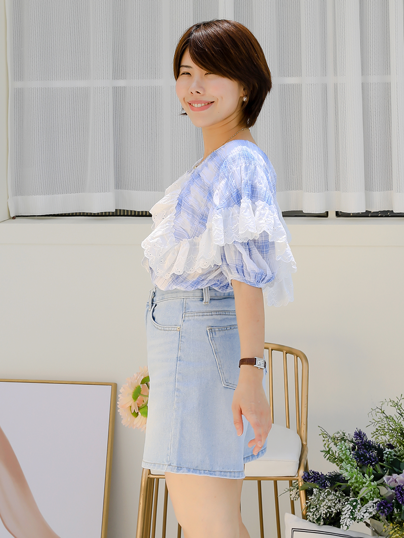 [現貨] 格紋皺皺襯衫(天藍色)