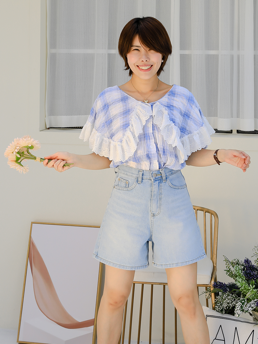 [現貨] 格紋皺皺襯衫(天藍色)