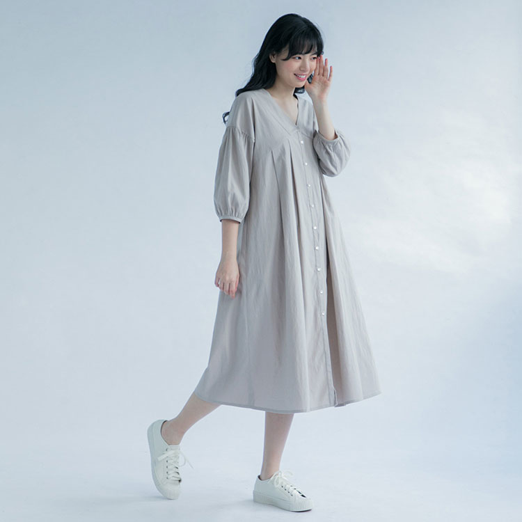 藍夏之約V領開襟洋裝-桑茶