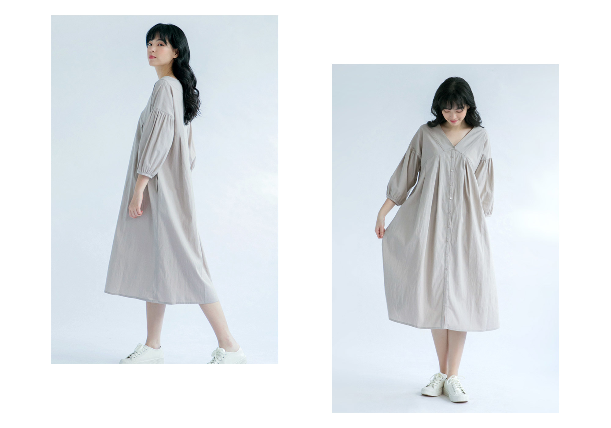 藍夏之約V領開襟洋裝-桑茶