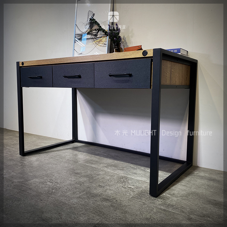 MUKO-細緻仿真木紋鐵藝抽屜書桌