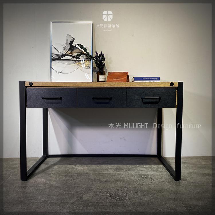 MUKO-細緻仿真木紋鐵藝抽屜書桌