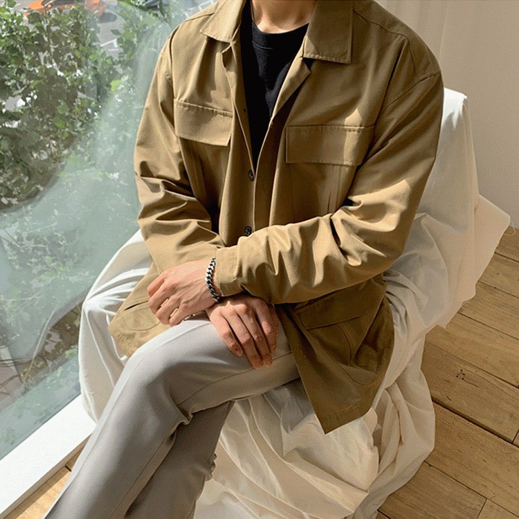 工裝多口袋休閒夾克外套 / 土黃色 2L / 不提供退換貨