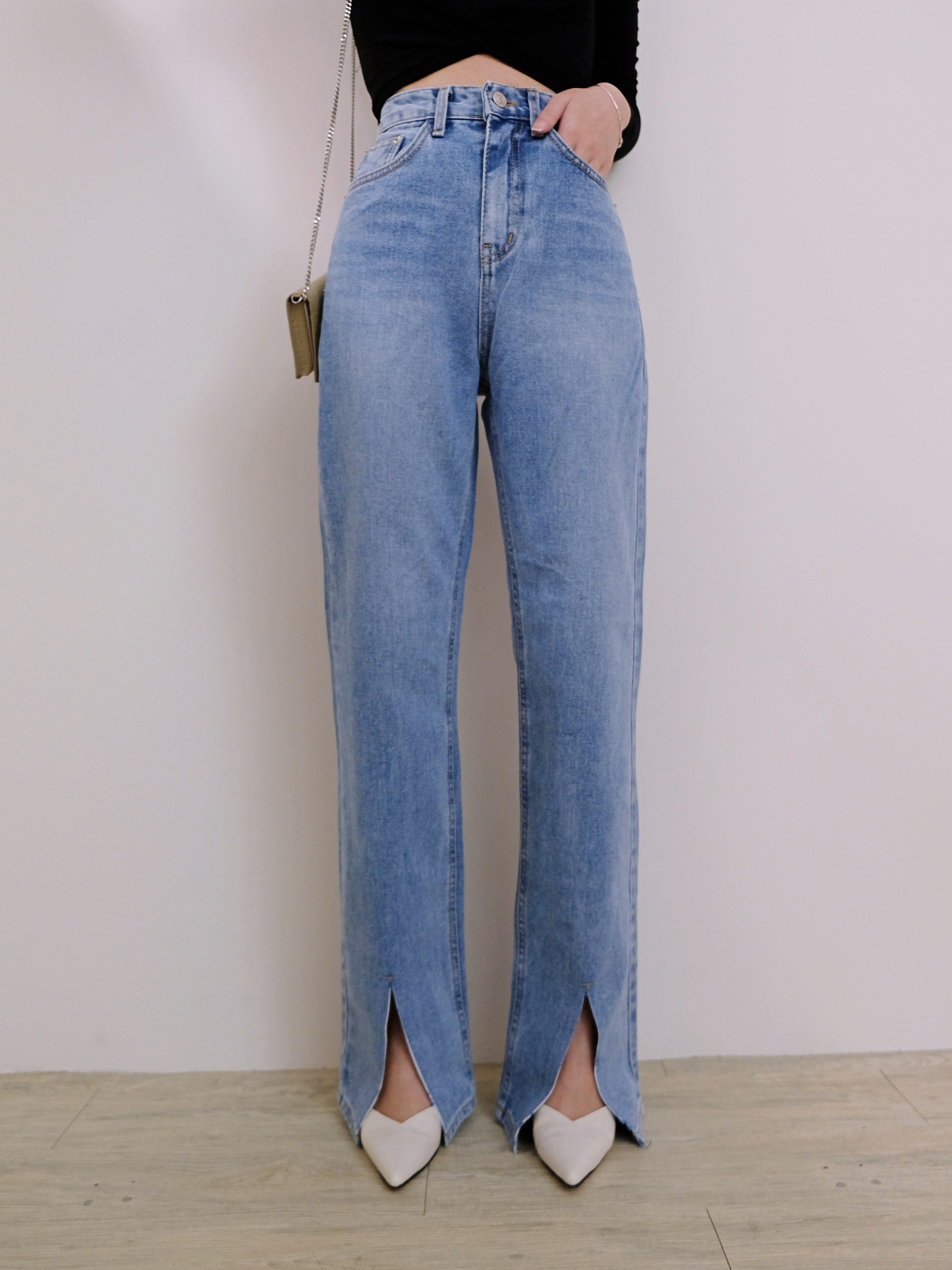 喔膩推薦超神長腿時尚開衩高腰落地牛仔褲