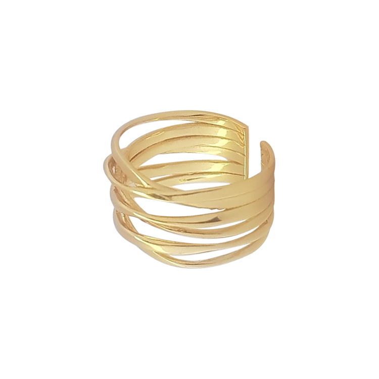 純銀戒指，女士戒指 金色線條交疊；縱橫交錯層次的美感（1013金色）