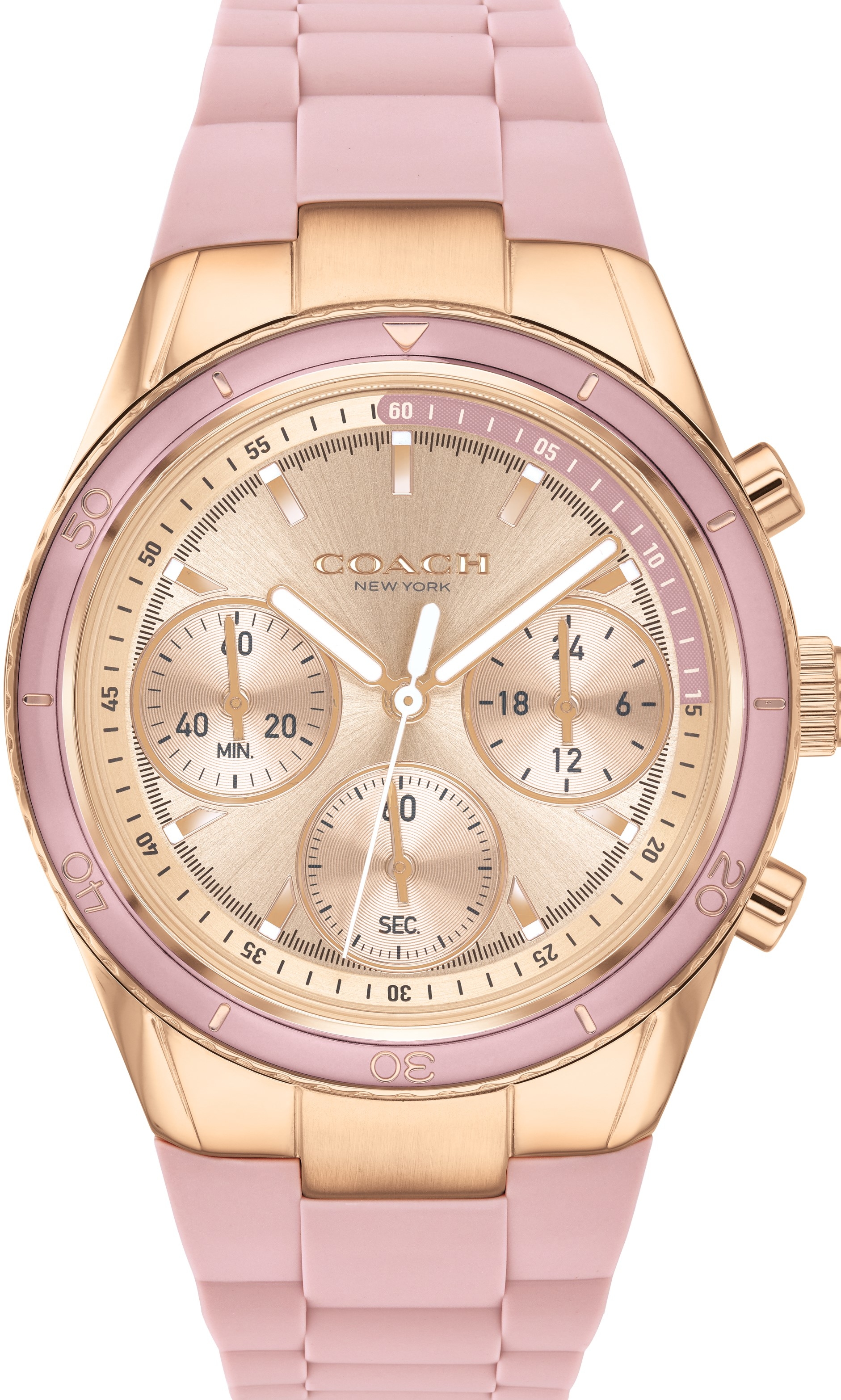 萬年鐘錶 - COACH   三眼粉紅橡膠女錶  14503572  錶徑36MM