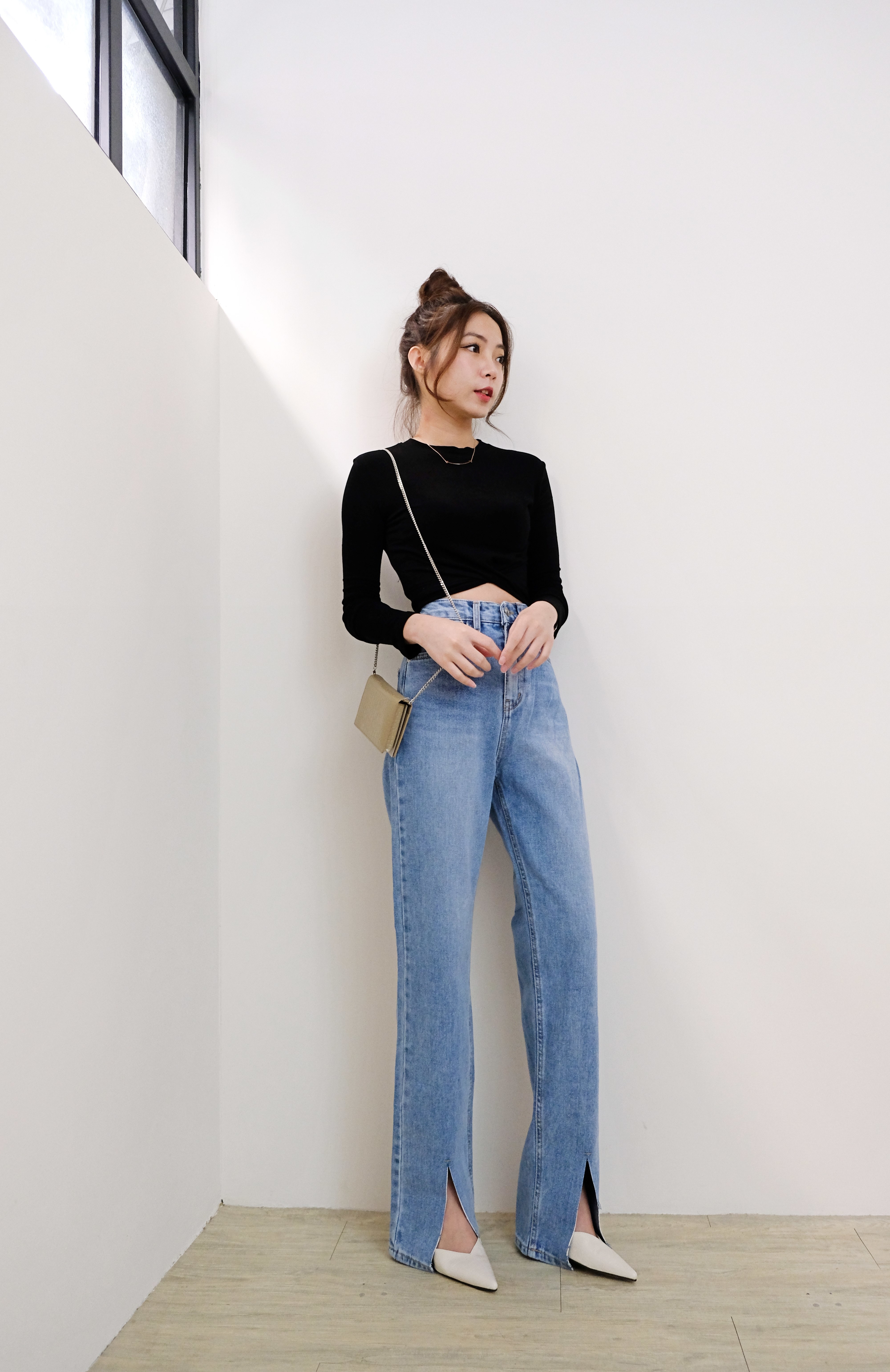 喔膩推薦超神長腿時尚開衩高腰落地牛仔褲