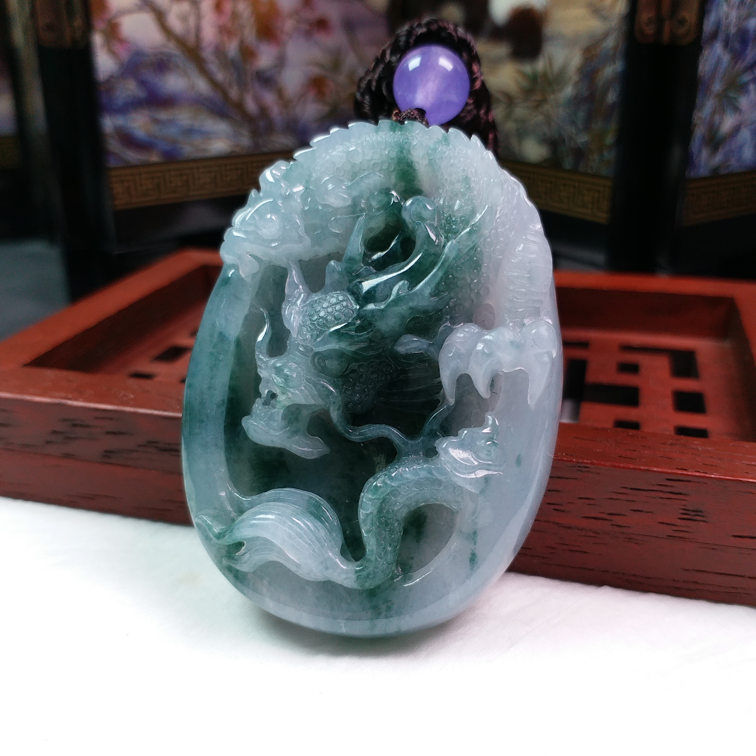 J1802 冰種莫西沙飄花龍牌吊墜