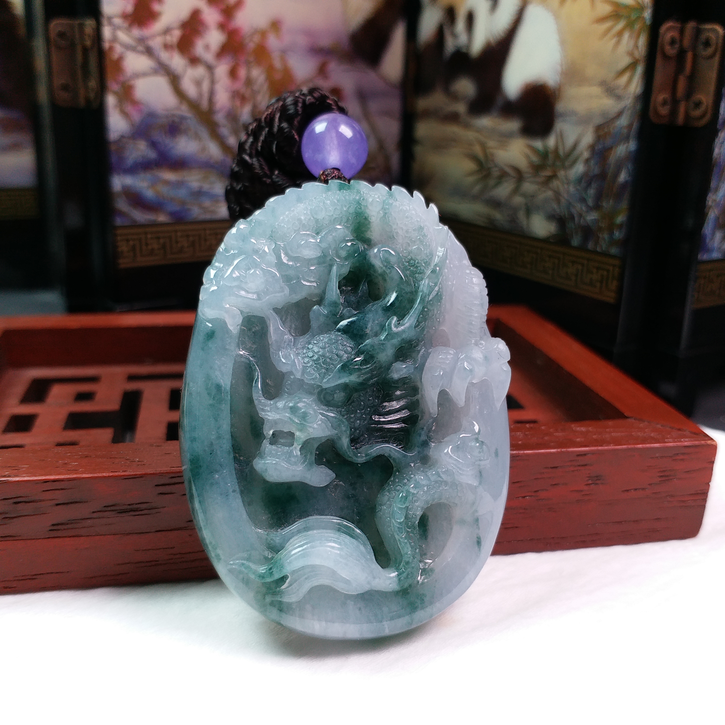 冰種莫西沙飄花龍牌吊墜, 天然翡翠A玉, 緬甸玉, Jade, Jadeite