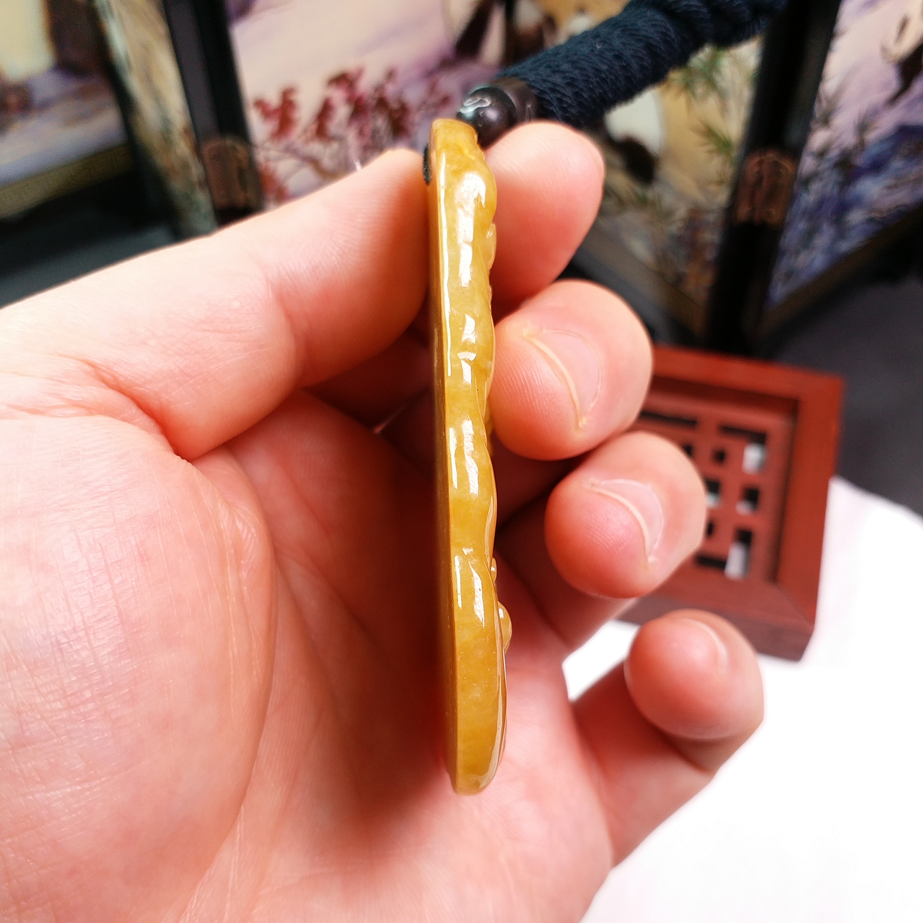 J1817 冰黃翡黃財神玉牌