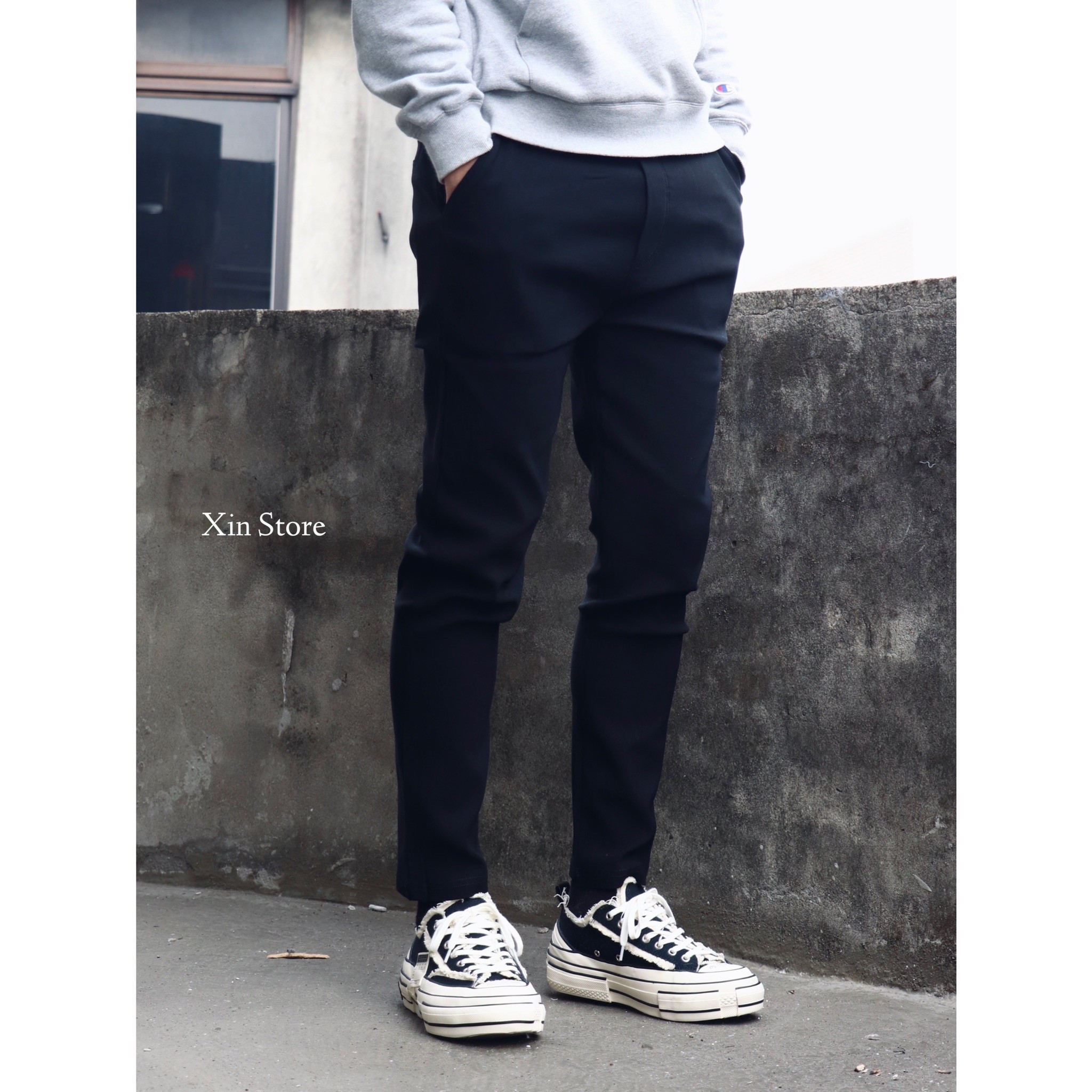 Share 彈力九分長褲 扣環 素面 黑 卡其