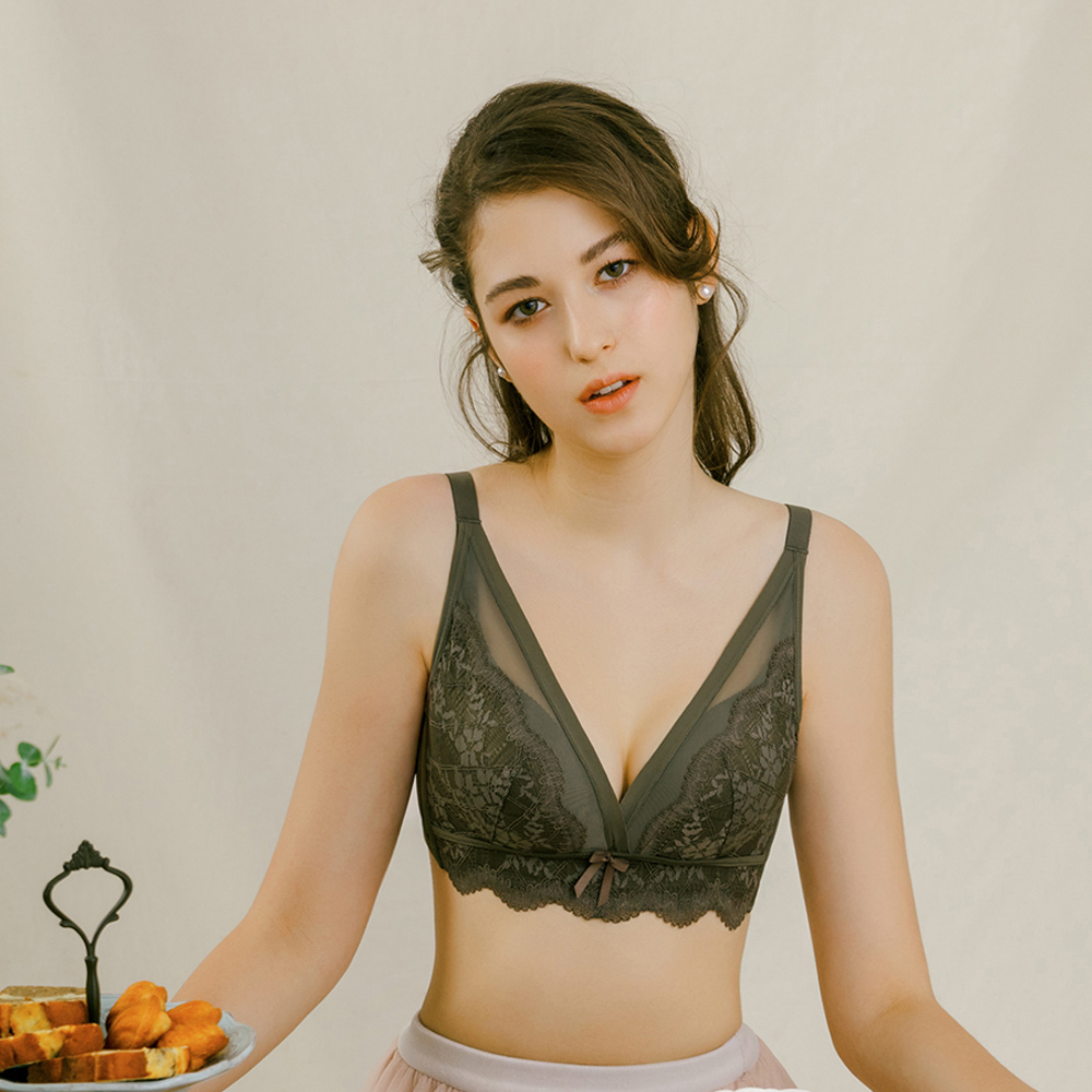 Olivia【曖昧系列-酒糖巧克力戀人】無鋼圈復古鉤花網眼滾邊內衣-墨綠(75-90、B~E)