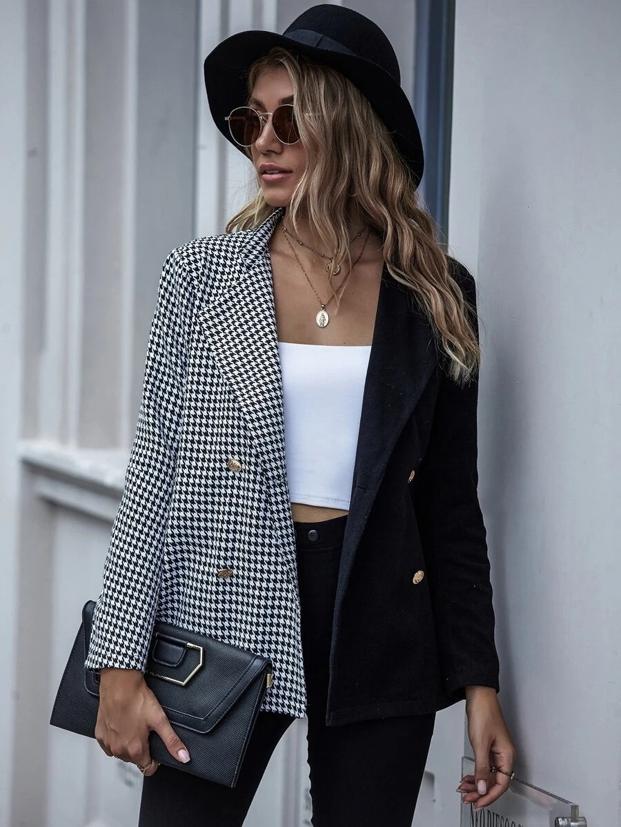 Contrast Gingham Double-breasted Blazer