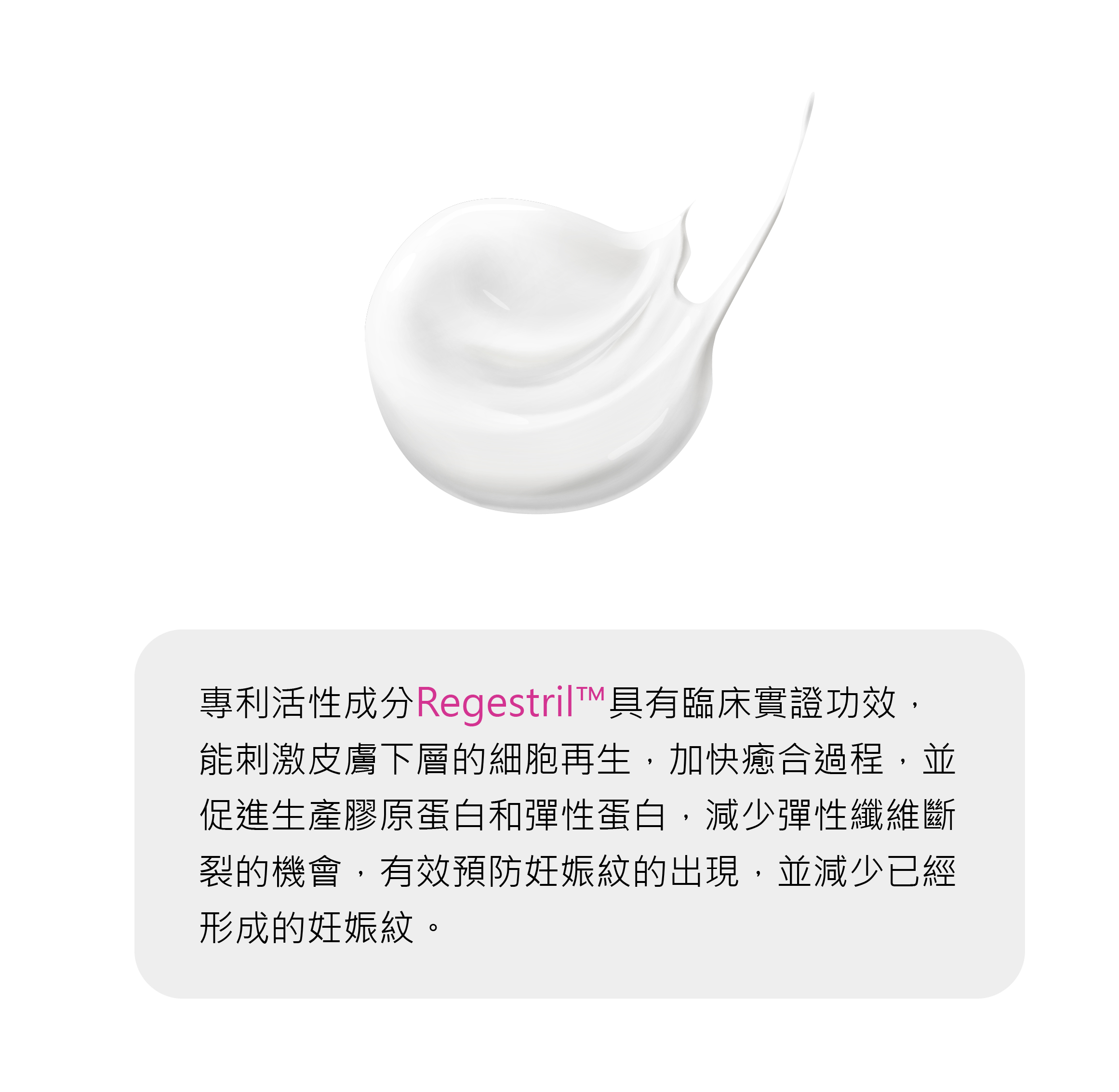 Maternea 防妊娠紋美體霜成份,專利活性成分Regestril™具有臨床實證功效,能刺激皮膚下層的細胞再生,加快癒合過程,並促進生產膠原蛋白和彈性蛋白,減少彈性纖維斷裂的機會,有效預防妊娠紋(肚紋)的出現,並減少已經形成的妊娠紋。