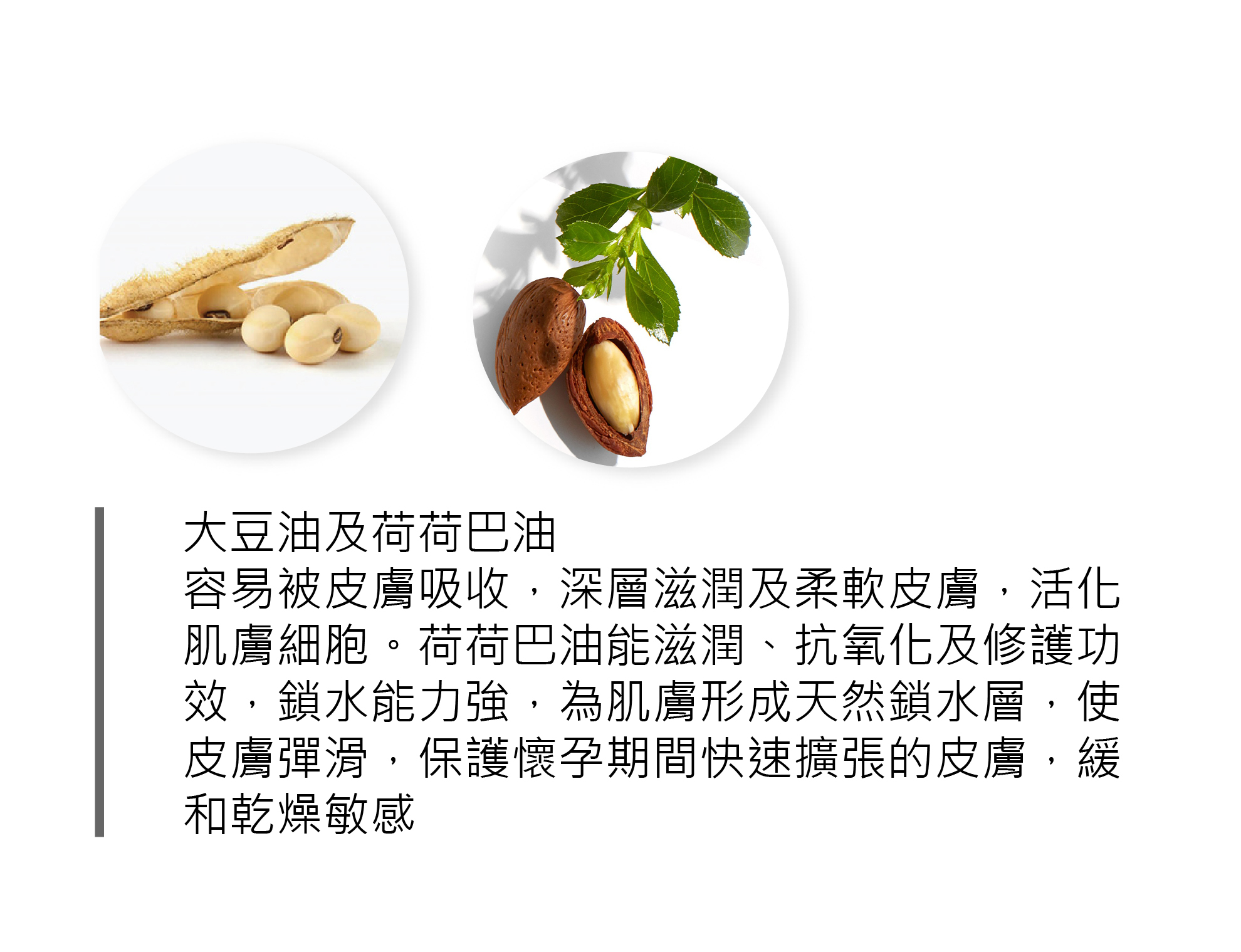 容易被皮膚吸收,深層滋潤及柔軟皮膚,活化肌膚細胞。荷荷巴油能滋潤、抗氧化及修護功效,鎖水能力強,為肌膚形成天然鎖水層,使皮膚彈滑,保護懷孕期間快速擴張的皮膚,緩和乾燥敏感