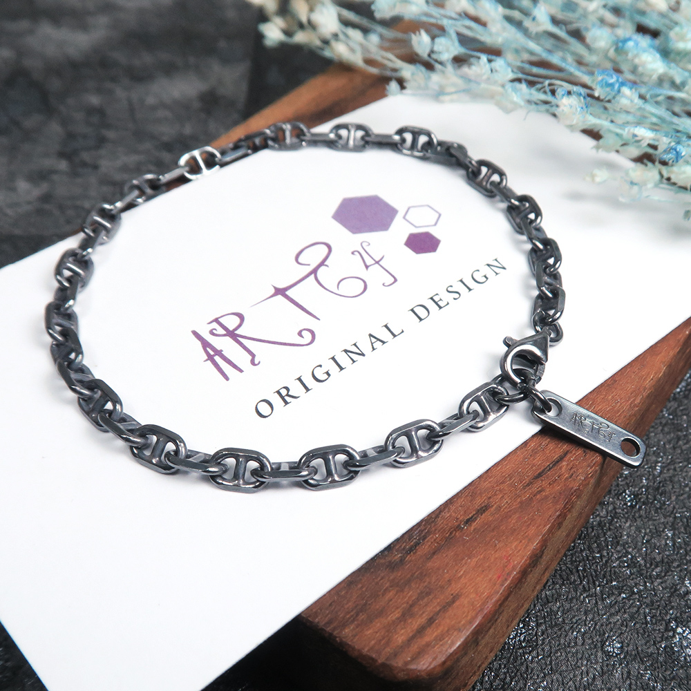 稜角海錨手鍊 復古黑 (3.8mm中寬鍊) 925純銀刻字手鍊