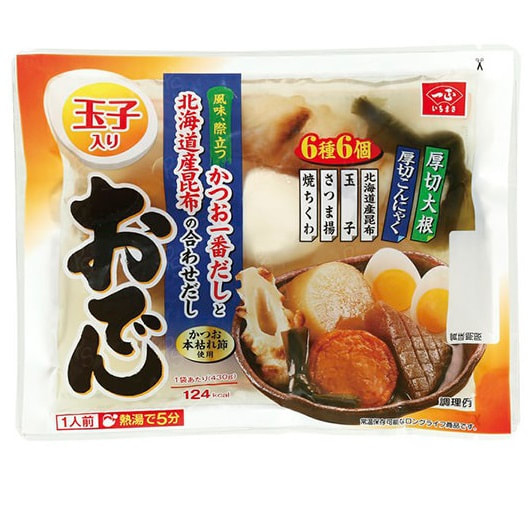 日本即食關東煮，使用日本6種最流行的食材，北海道海帶、鰹魚、柴魚粉製作的湯底，加熱即食，美味方便