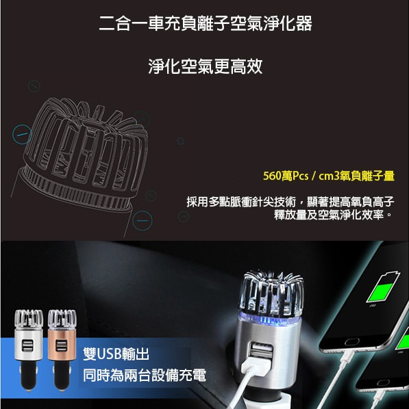 汽車雙USB充電器負離子空氣淨化器