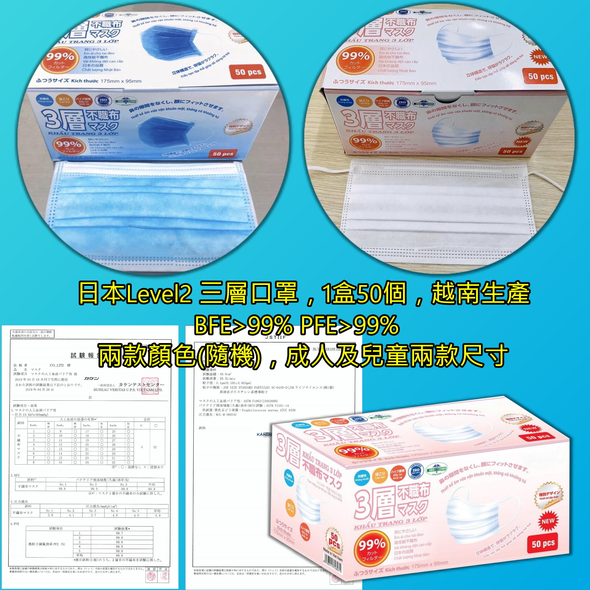 日本Level2級過濾率 三層口罩(50個) 現貨