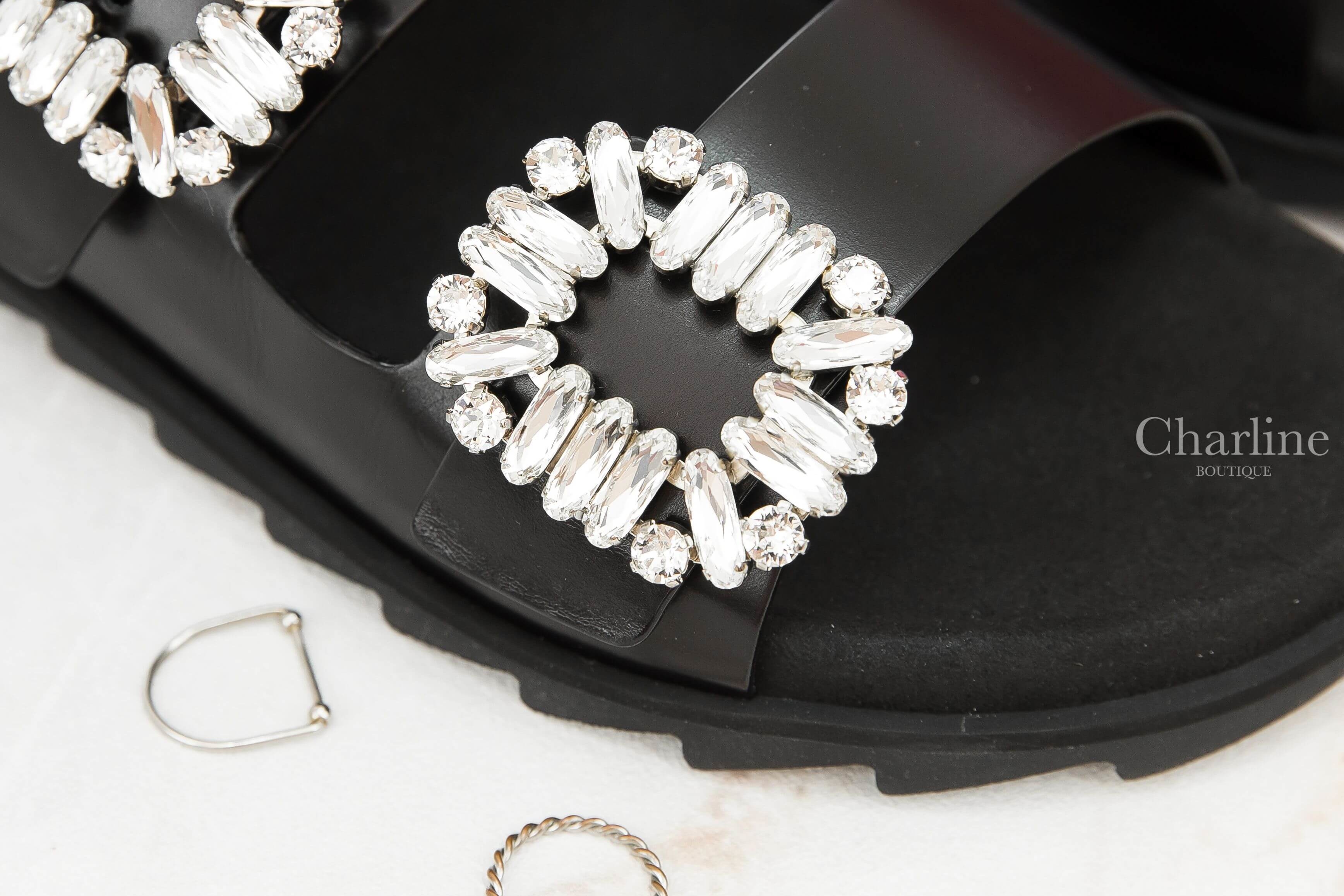 Roger Vivier Slidy Viv' Strass Buckle Sandals In Leather 黑色皮革銀色水晶方釦涼鞋