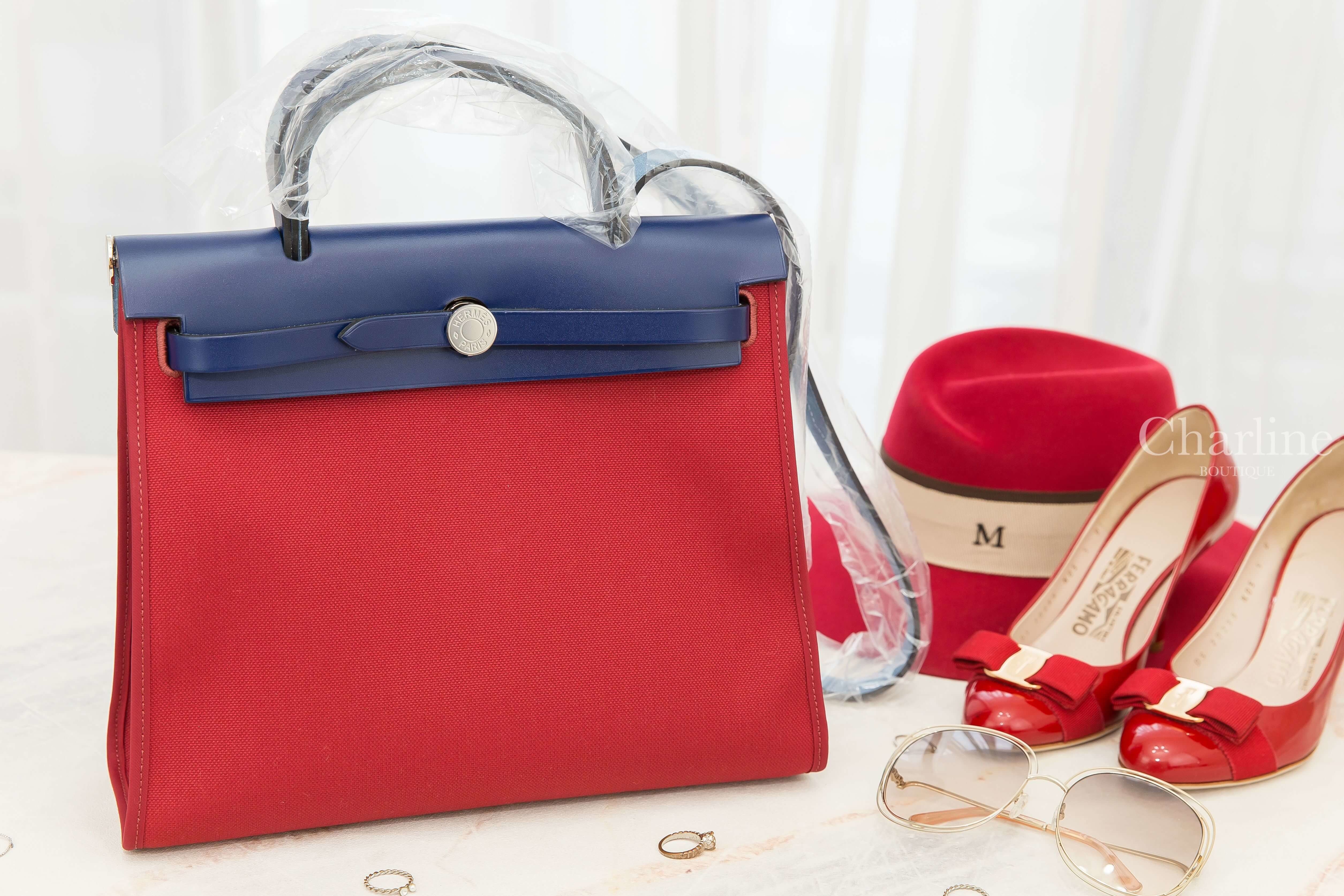 Hermès Herbag Zip 31cm Retourne K1 Rouge Grenat / 73 Bleu Saphir Toile Militaire / Vache Hunter 石榴紅拼寶石藍銀釦手提肩背包