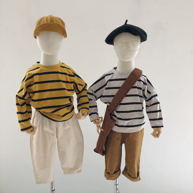 現貨 黃色100cm 寬條紋長袖棉T 4色