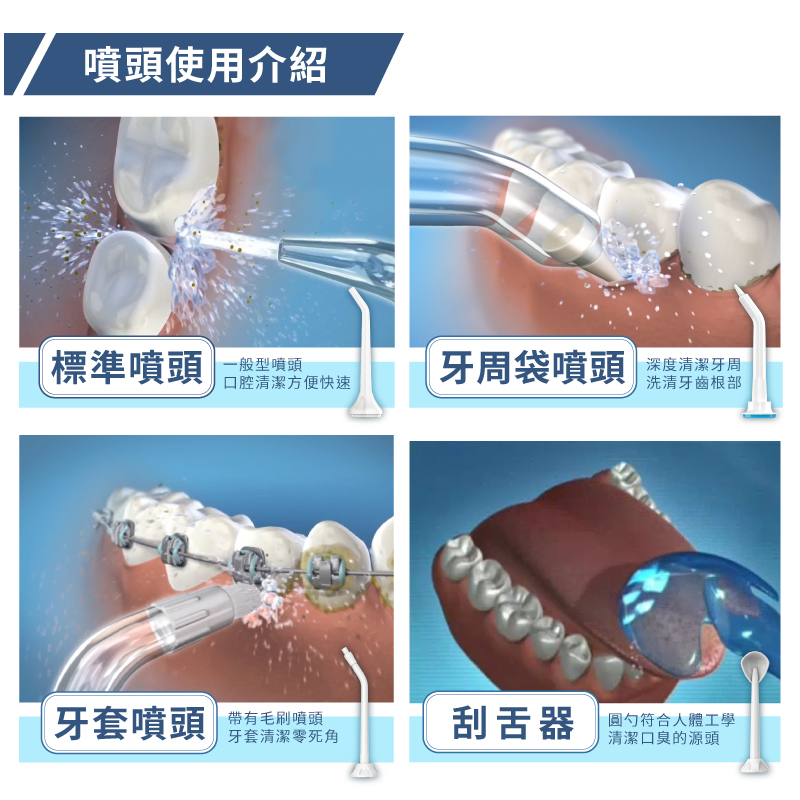 噴頭使用介紹標準噴頭一般型噴頭口腔清潔方便快速牙周袋噴頭深度清潔牙周洗清牙齒根部牙套噴頭帶有毛刷噴頭牙套清潔零死角刮舌器勺符合人體工學清潔口臭的源頭