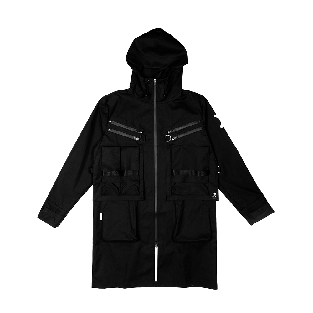 防水拆卸口袋膝上風衣 - 黑 (Xpore高機能)