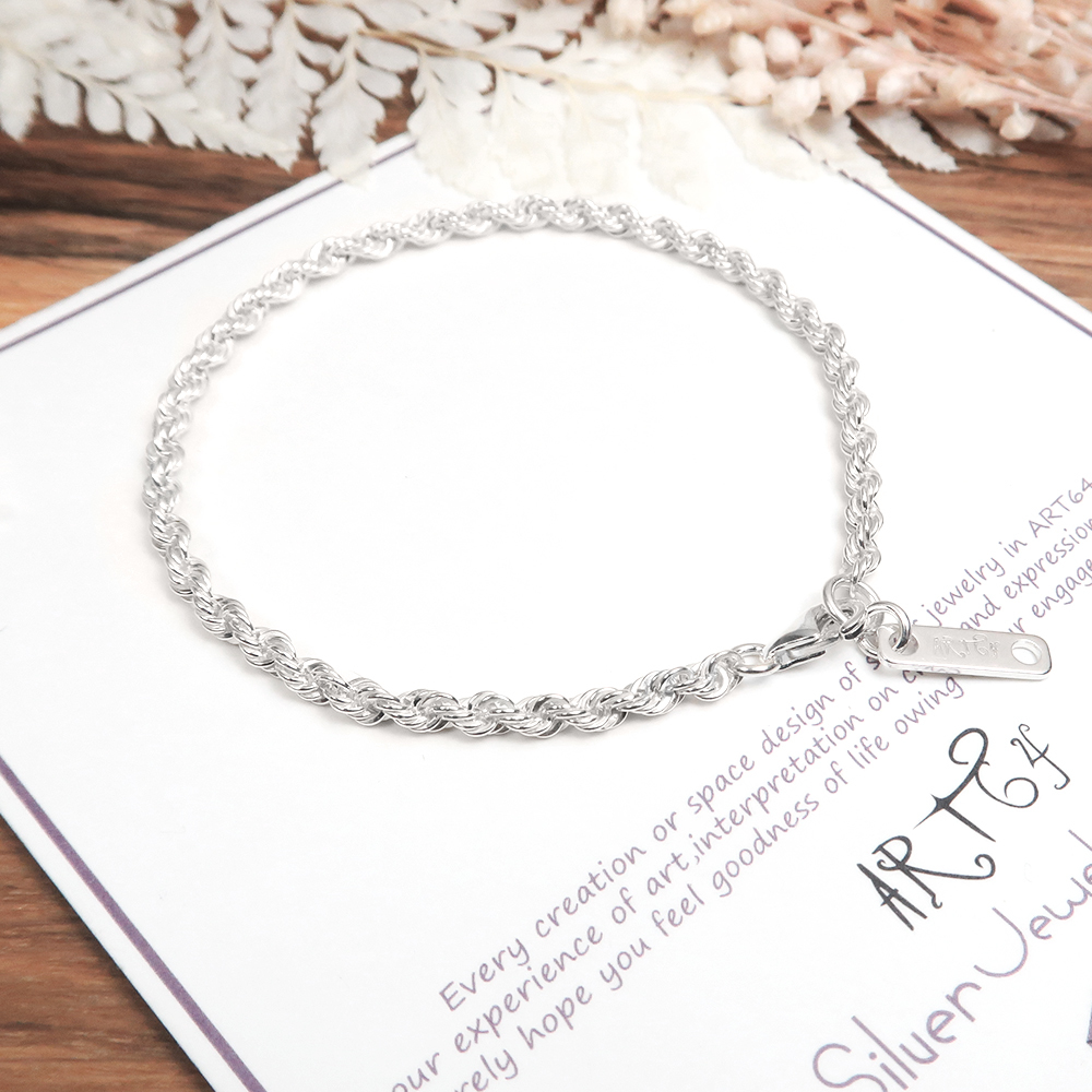編織繩索手鍊 銀白款 (2.8mm中寬鍊) 925純銀刻字手鍊