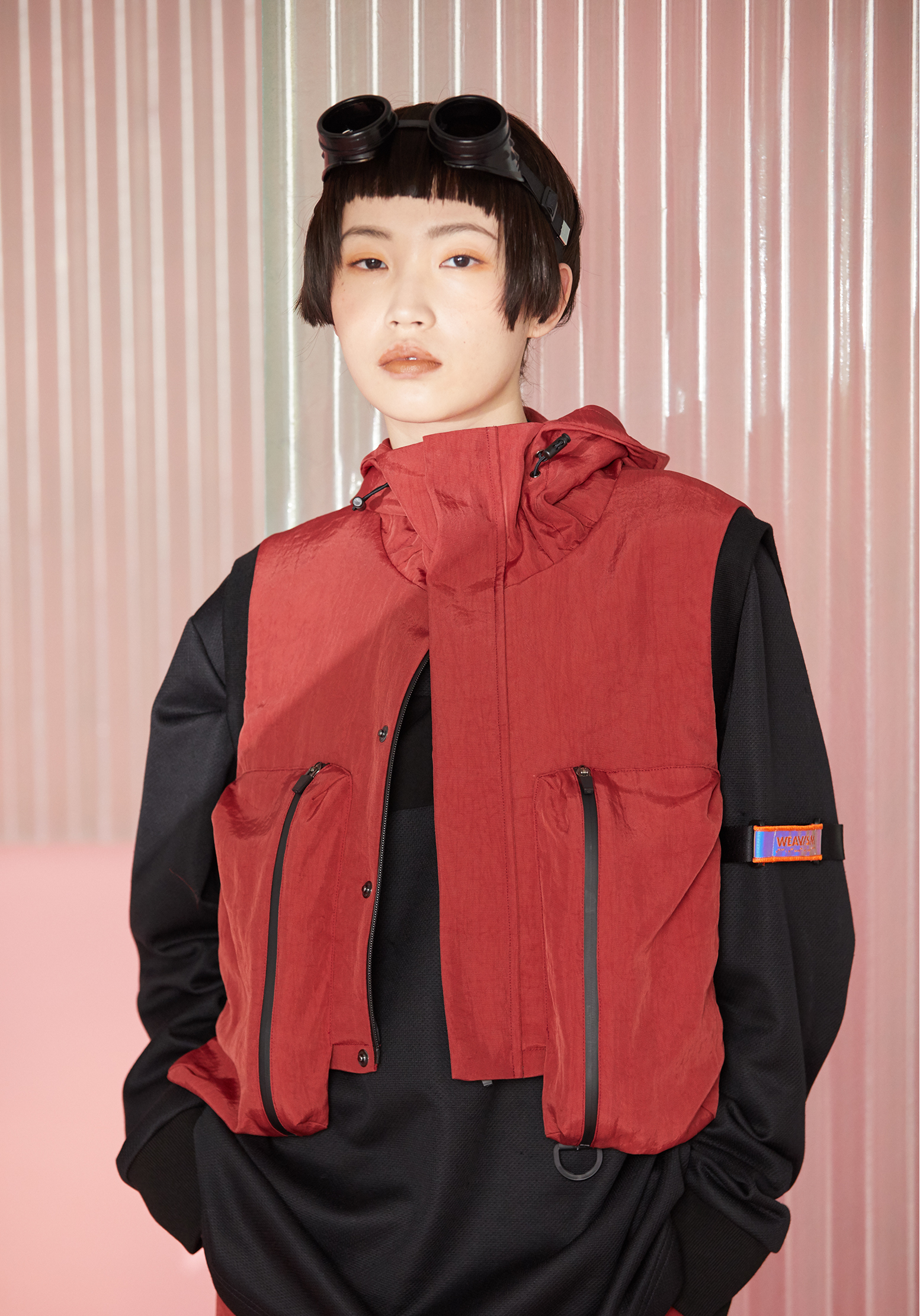 組合式高領防潑水連帽背心 - 赭紅