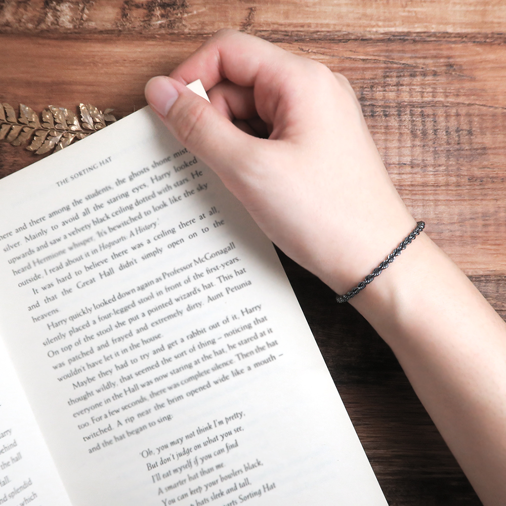 編織繩索手鍊 復古黑 (2.8mm中寬鍊) 925純銀刻字手鍊