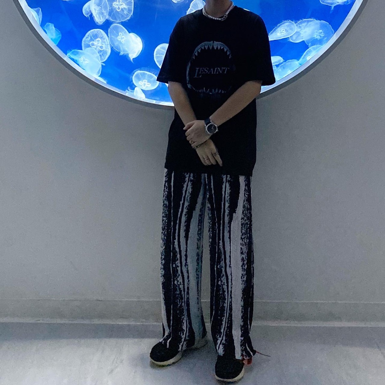 韓國 垂墜感 黑白 潑墨 墨染 流沙 百摺褲 闊腿褲