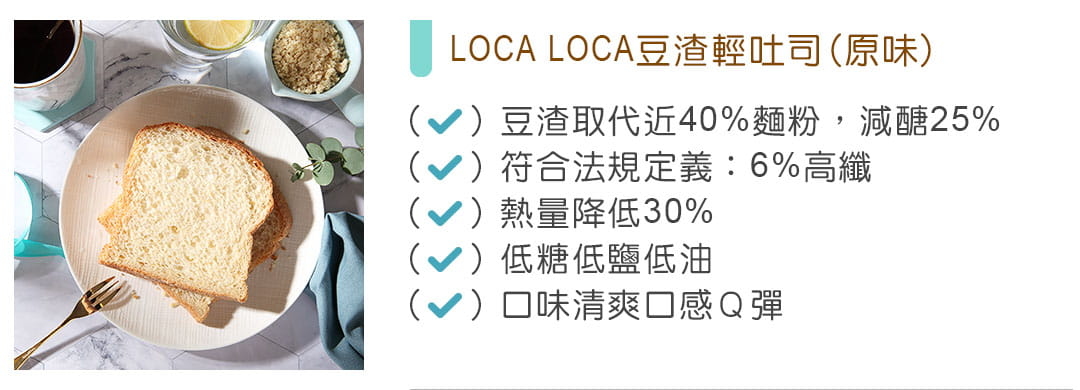 localoca 用高纖低卡的豆渣取代將近40%的麵粉來烘焙歐式吐司麵包，達成「減醣25%、減卡30%，2倍膳食纖維」的機能性，更優於市面上販售的全麥吐司。