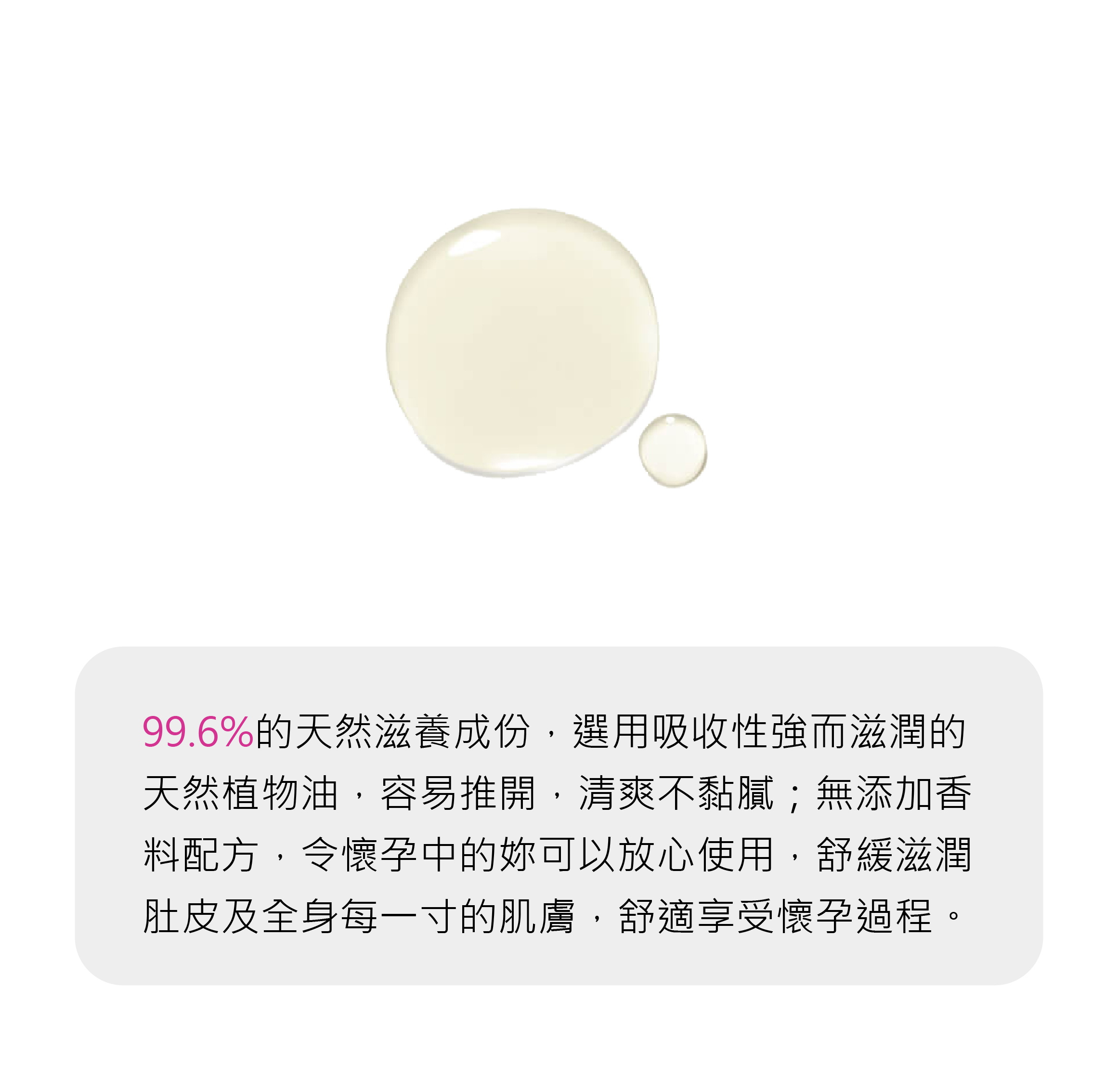 Maternea 防妊娠紋油, 99.6%的天然滋養成份,選用吸收性強而滋潤的天然植物油,容易推開,清爽不黏膩;無添加香料配方,令懷孕中的妳可以放心使用,舒緩滋潤肚皮及全身每一寸的肌膚,舒適享受懷孕過程。