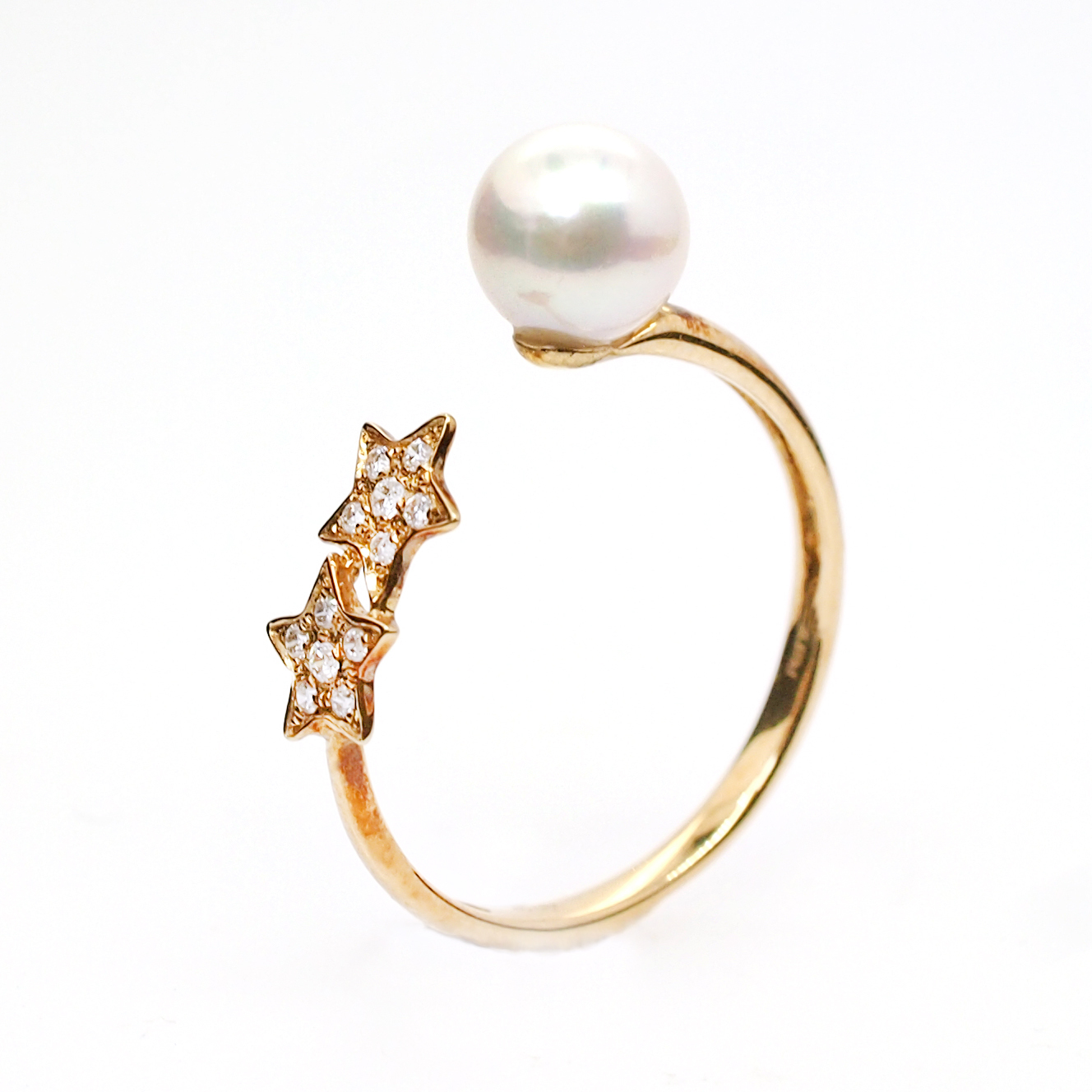 18K 黃金天然鑽石珍珠星星戒指