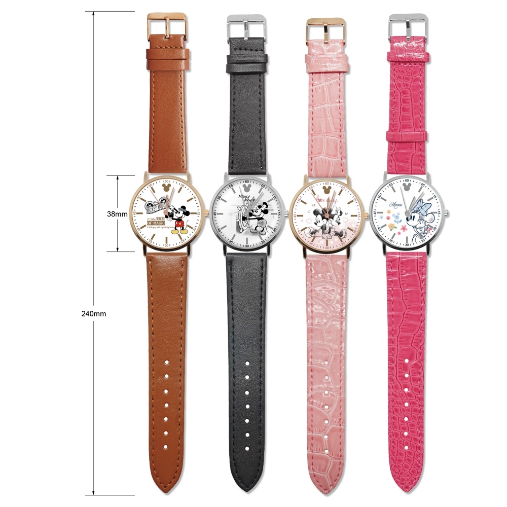 【迪士尼】90周年超薄玫瑰金皮帶手錶-俏麗米妮