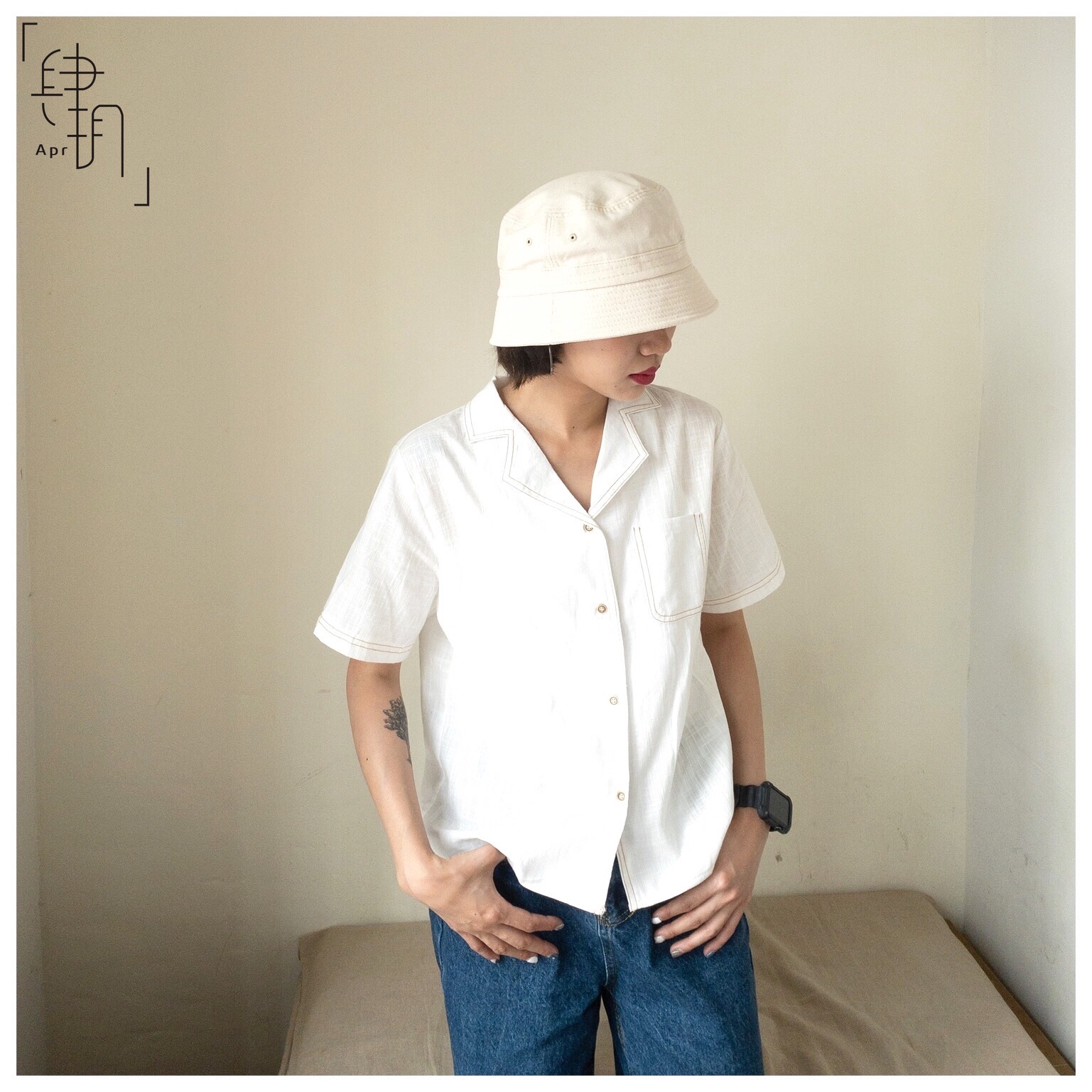 短袖棉麻口袋襯衫