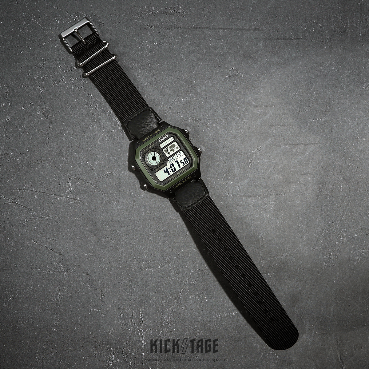 CASIO 黑綠 軍事風 10年電力 世界地圖 尼龍錶帶 多功能 電子錶 卡西歐 手錶【AE-1200WHB-1B】