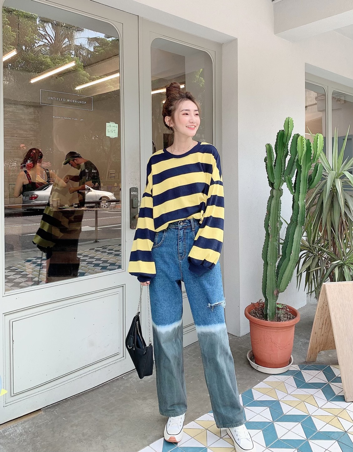 🔥09.23直播新品］🇰🇷正韓中高腰側割破漸層染牛仔寬褲（S-L)