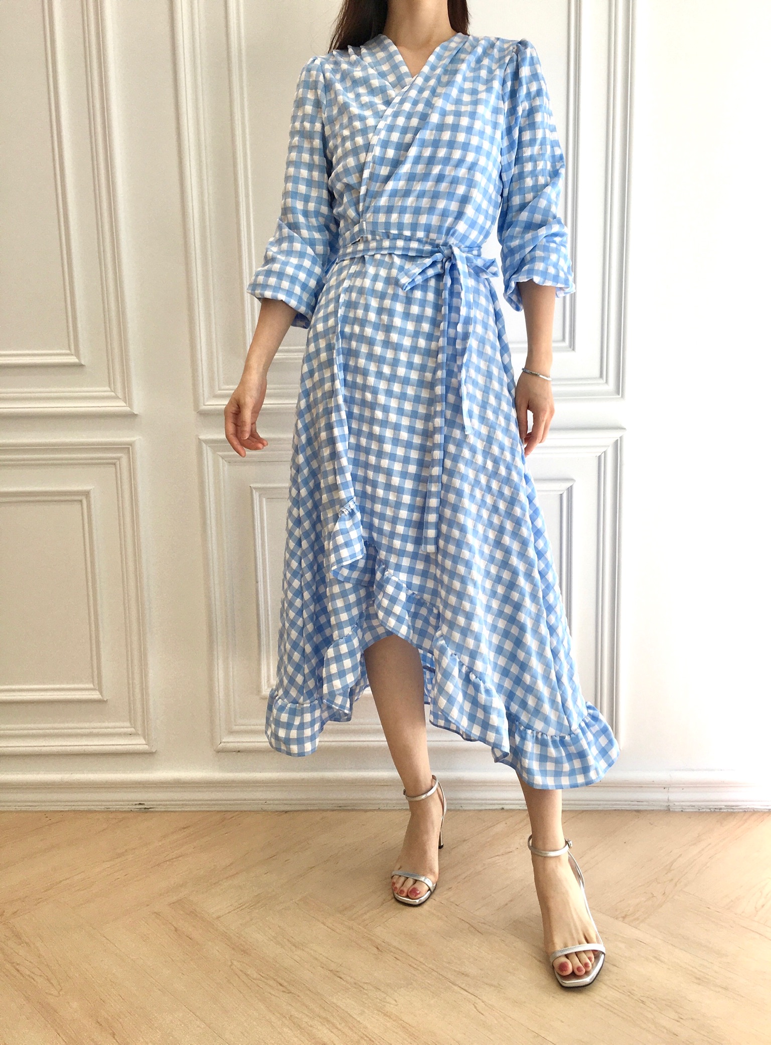 格紋揉皺荷葉洋