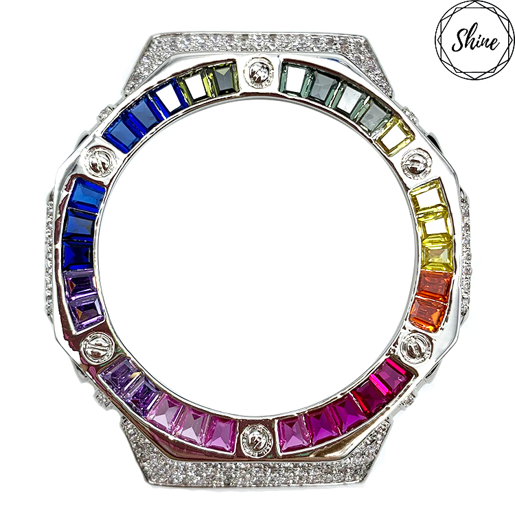 客製 GA-2100 銀X白石彩虹閃石金屬錶殼