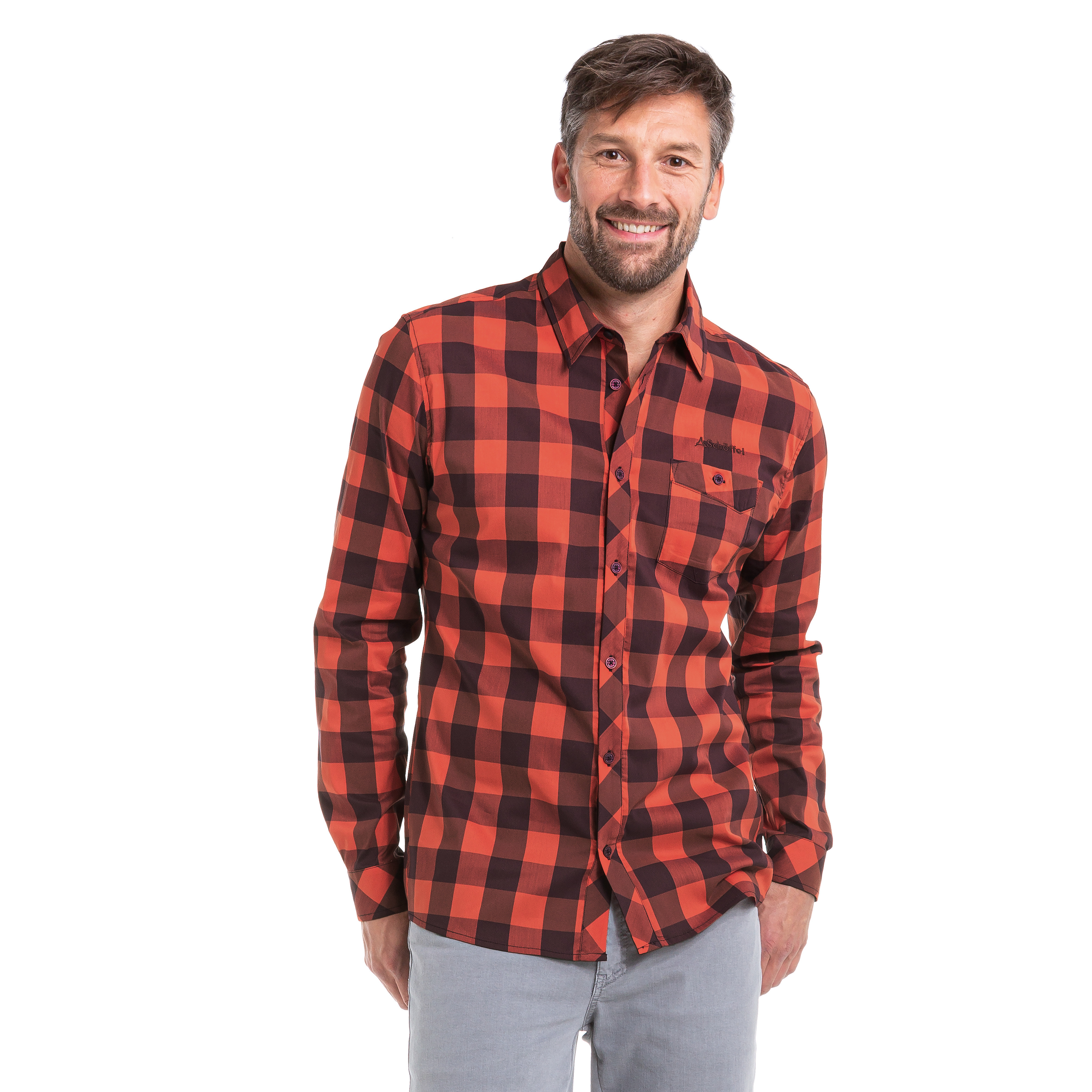 【Schoffel】男排汗抗UV長袖格子襯衫 / 0SL20-23042-橘棕格