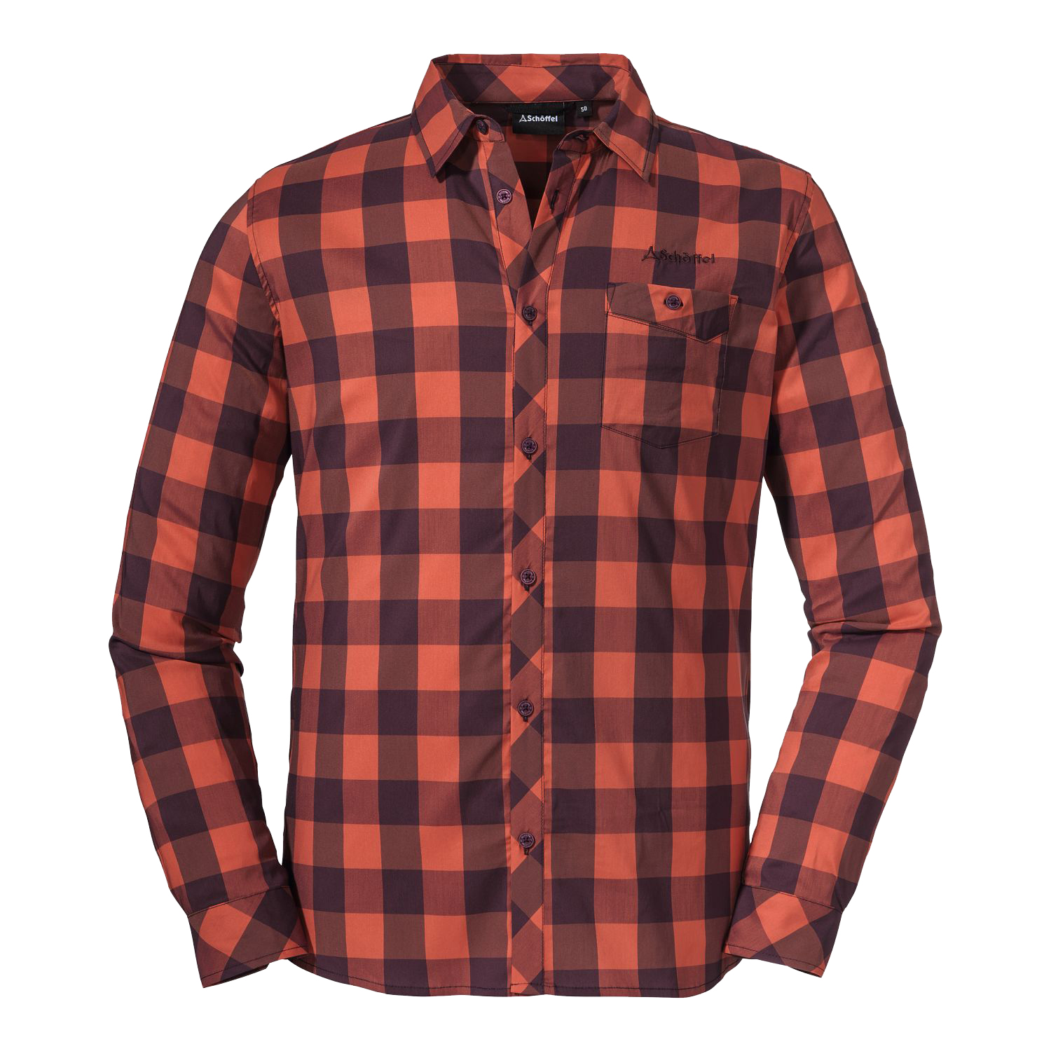 【Schoffel】男排汗抗UV長袖格子襯衫 / 0SL20-23042-橘棕格