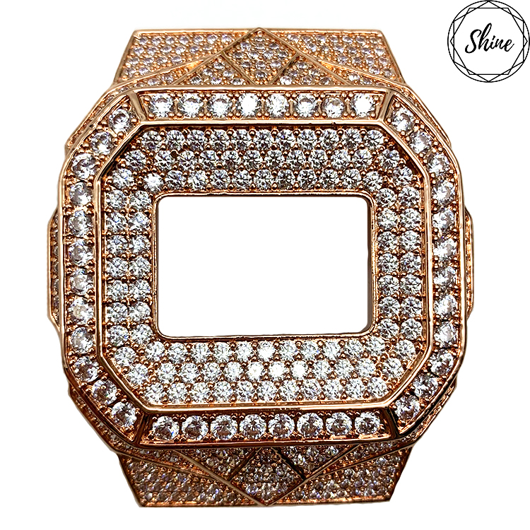 客製 DW-5600 方塊玫瑰金X白閃石鑲石金屬錶殼