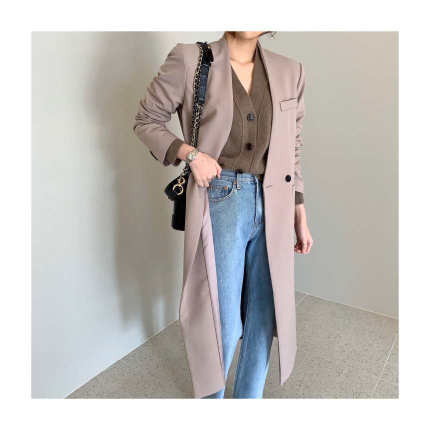 簡約長版風衣外套 (灰/ 暗藕)