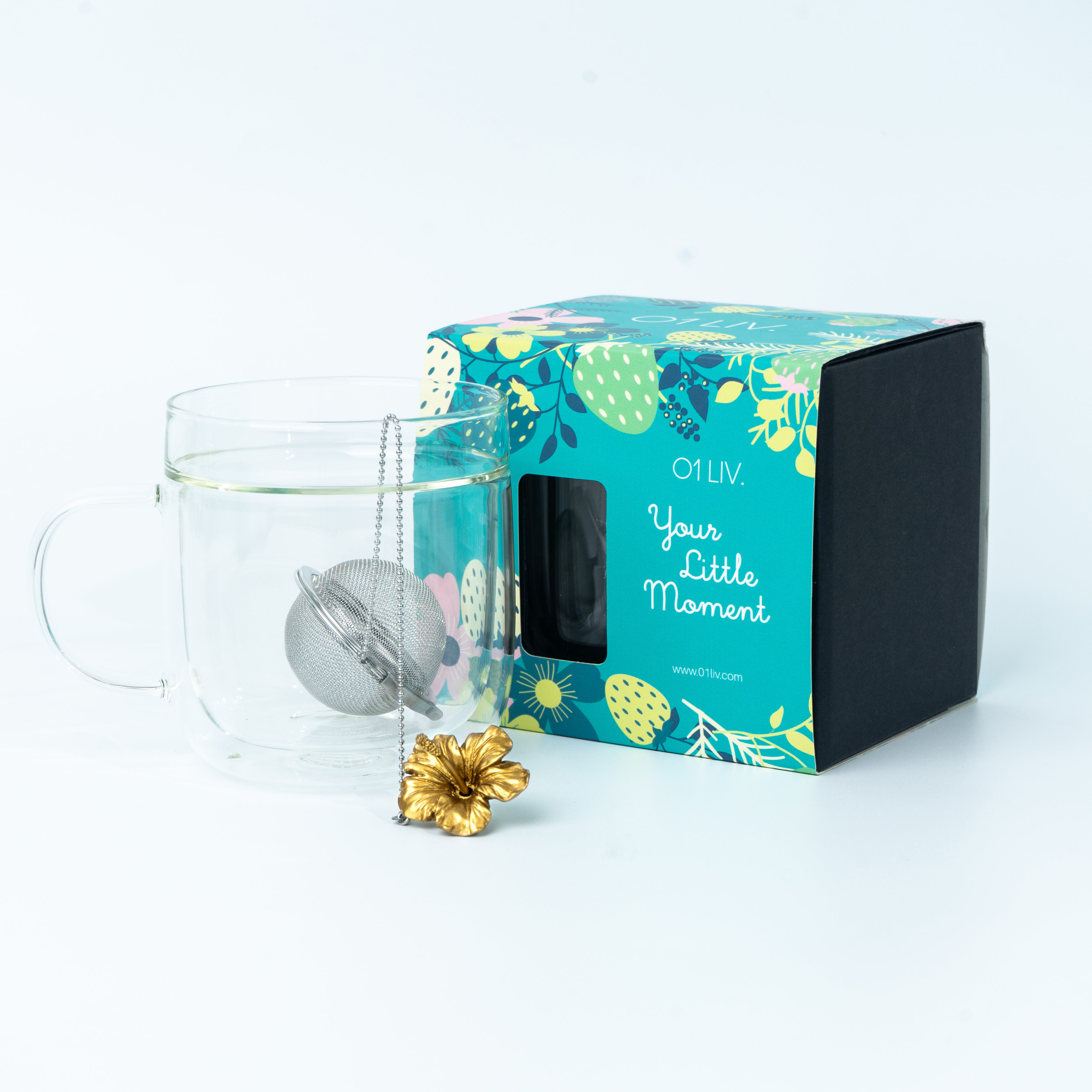 雙層防熱玻璃杯 + 奇趣茶球精致吊饰套裝 - Nature (Gold)