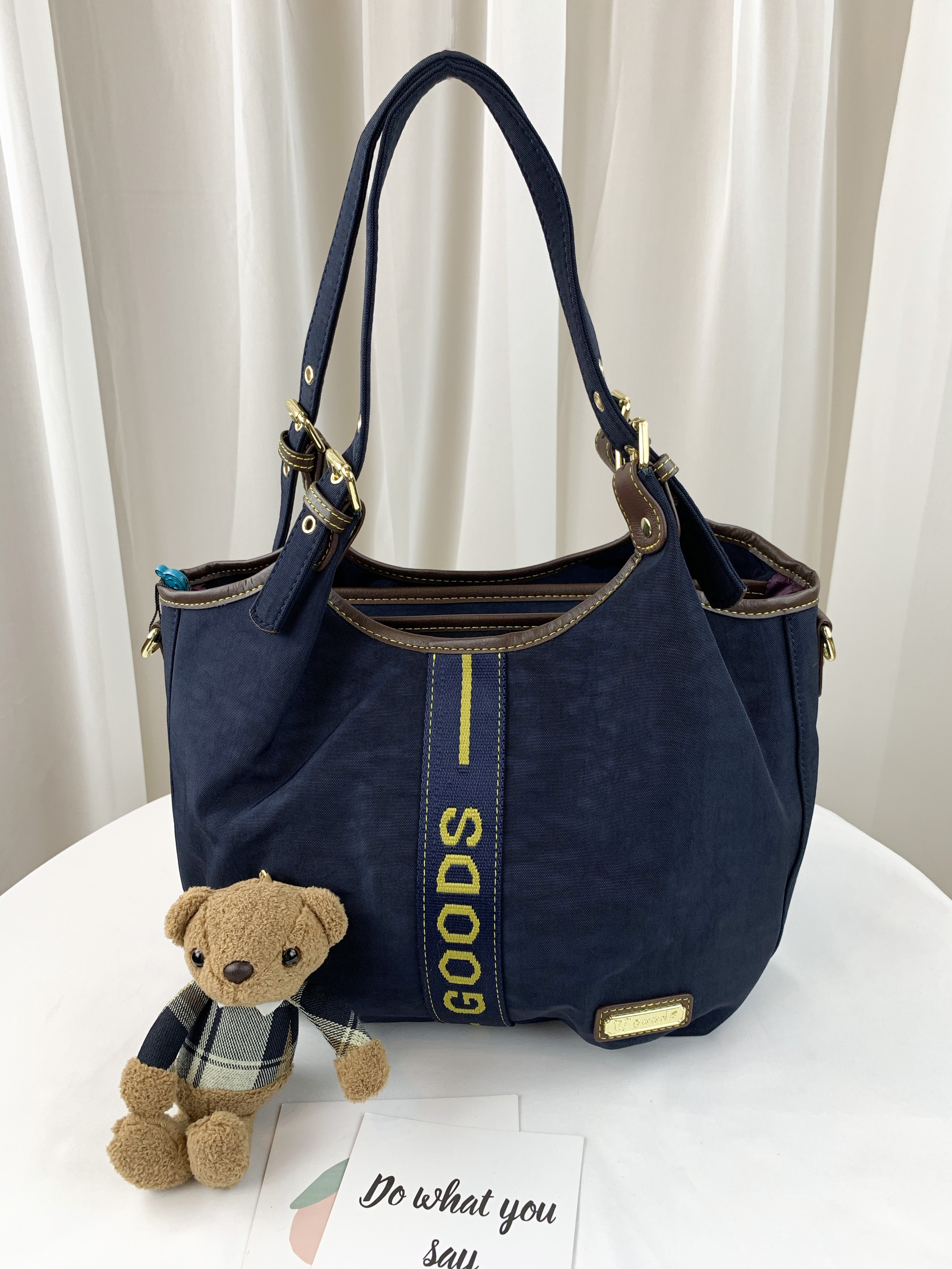 GOODS 織帶黃藍 丹寧防潑水手提包 / 側背包 附小熊吊飾  #2520